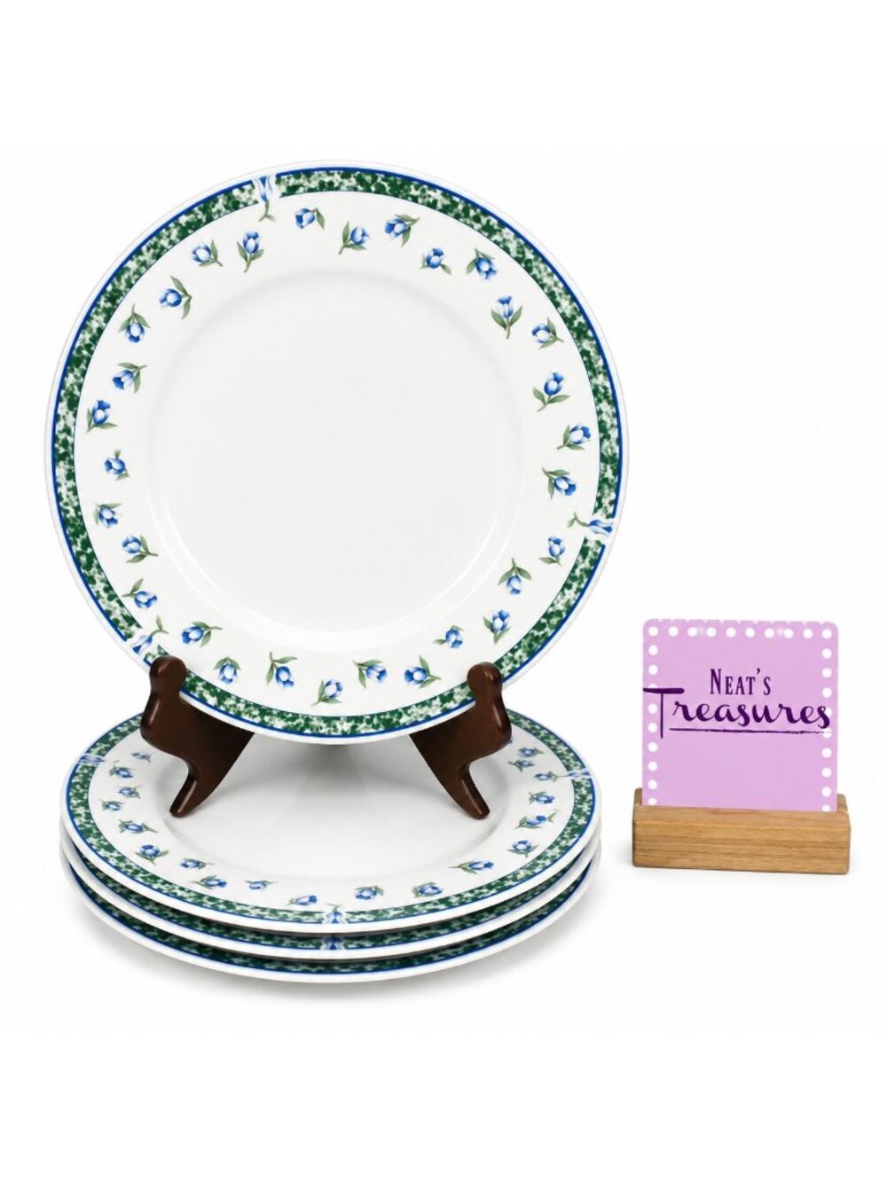 Citation COVENTRY BLUE Green Marble Rim Blue Flower Porcelain Dinner Plate Set 4